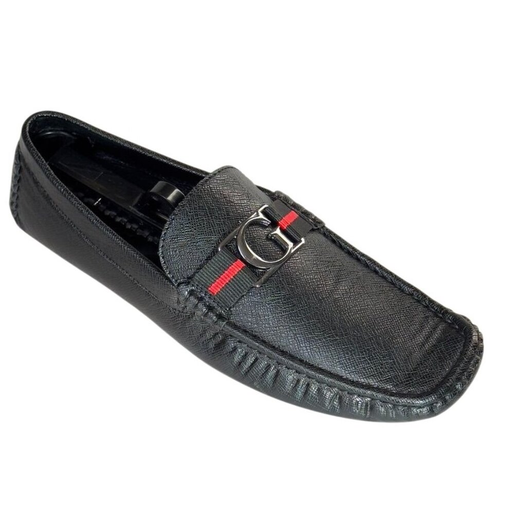 Mens Guess Black Loafers With Red Stripe & Metal G Logo Size 11